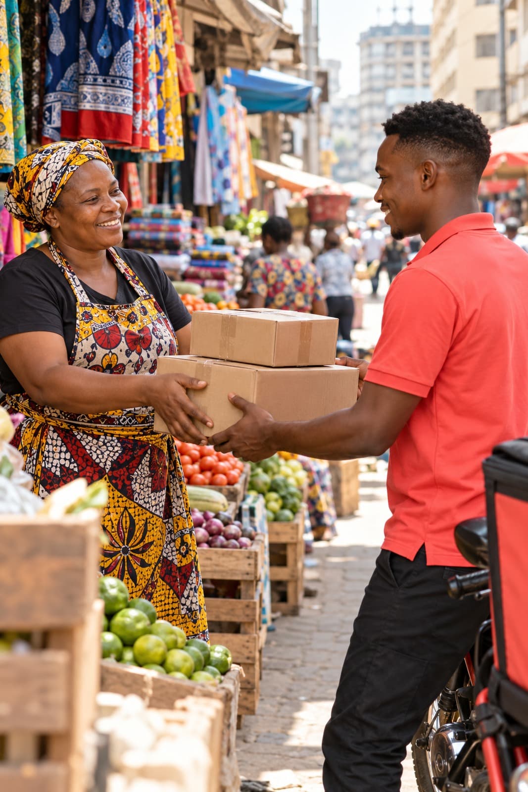 A market trader hands boxes to a Pakiza rider at Kariakoo market