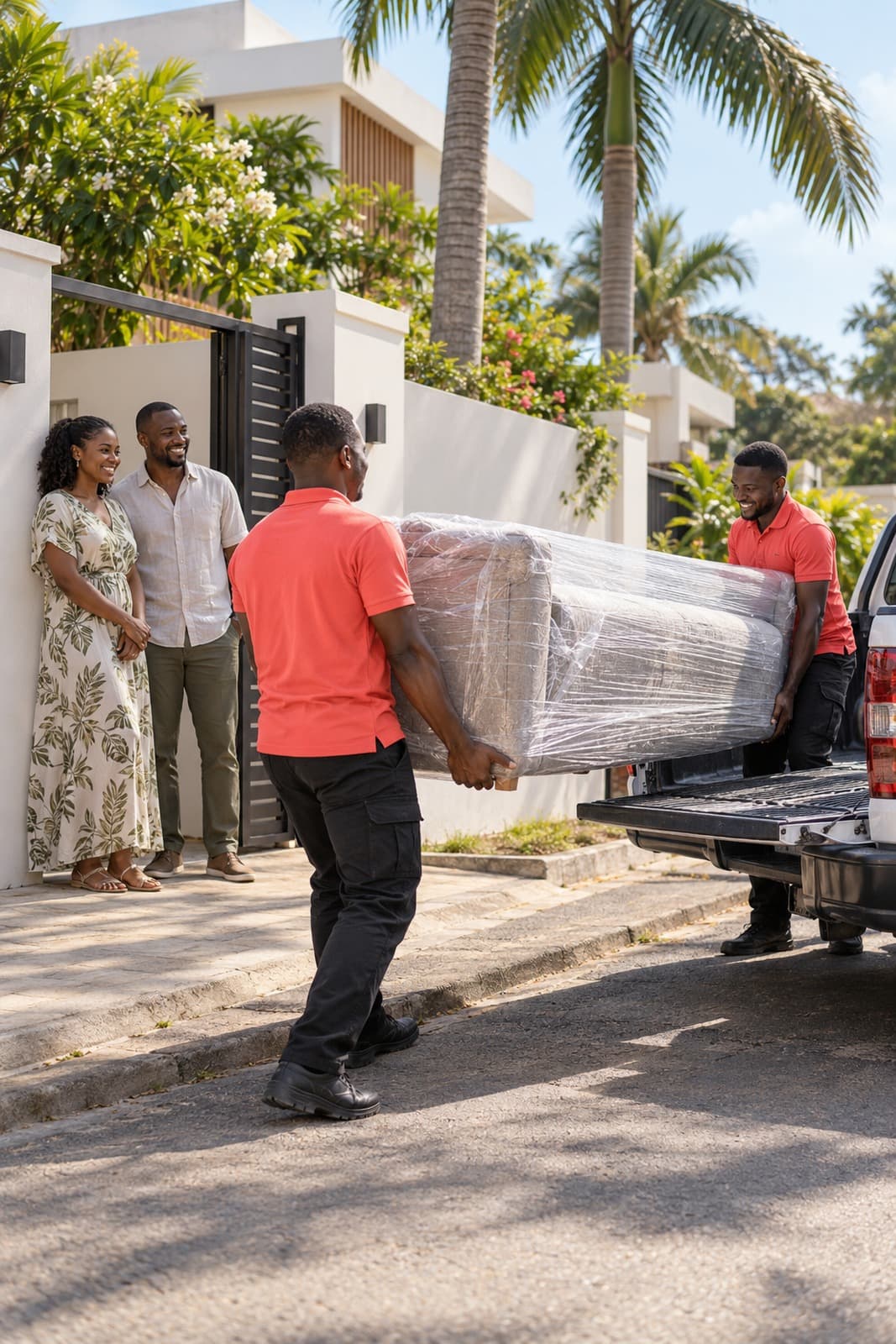 Delivery workers carry a sofa to a waiting pickup in Masaki
