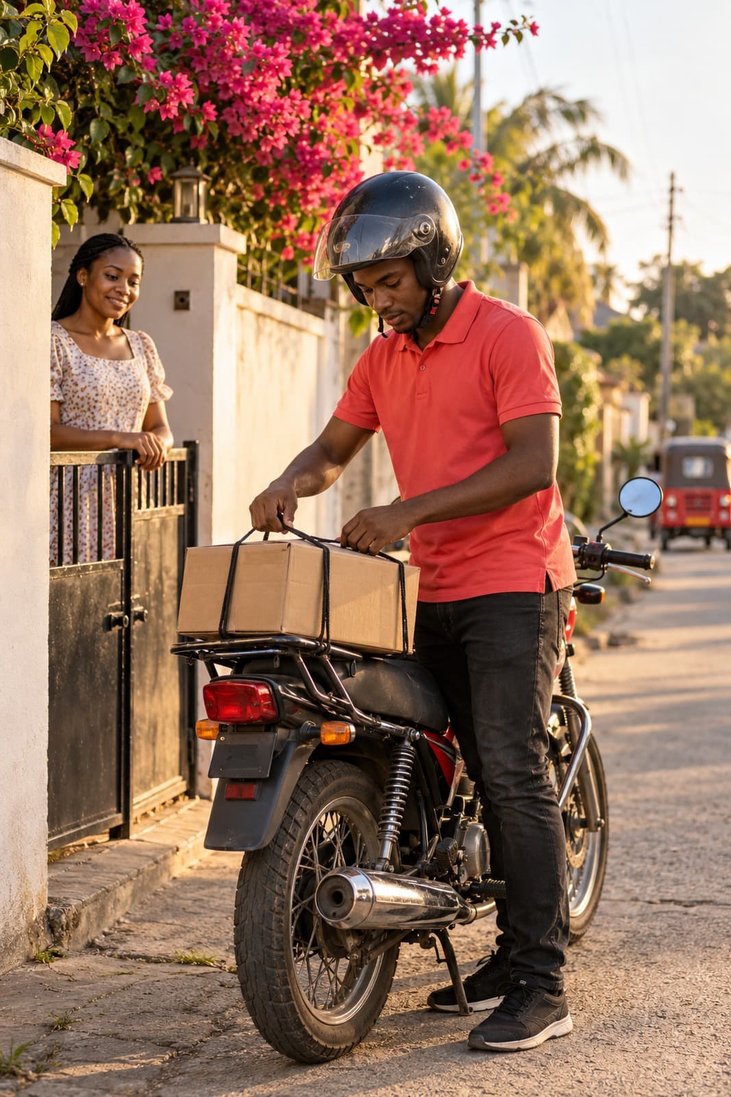 A boda rider secures a parcel while a customer waits in Sinza