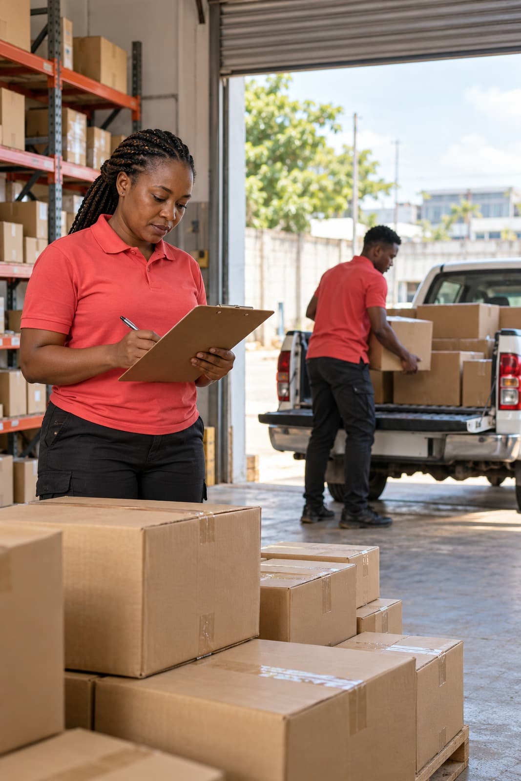 A warehouse supervisor checks cartons while a rider loads a pickup in Ubungo